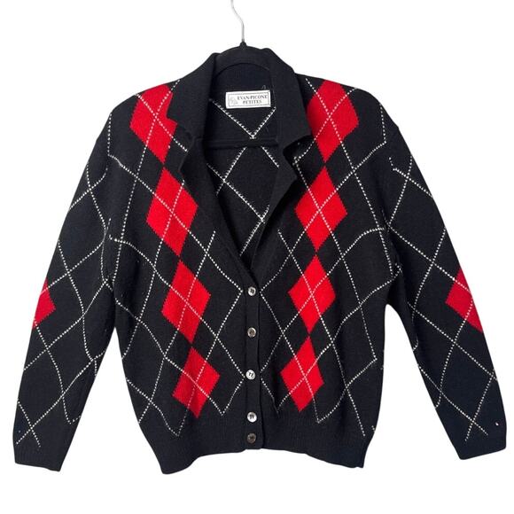 VTG Evan Picone Argyle Cardigan Lambswool Angora Black Red 80's Size PM Preppy - Picture 1 of 7